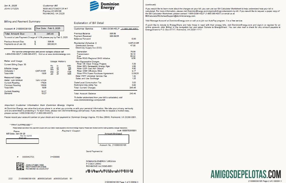 Para baixar modelo de conta de serviços públicos de energia USA Dominion em formatos Word e PDF, 3 páginas, 1 2 páginas